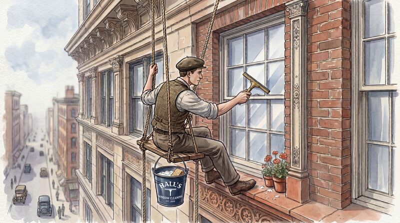 Storefront windows being cleaned by a Hall's technician